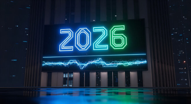 2026 neon numbers and digital data graph on a futuristic city building at night