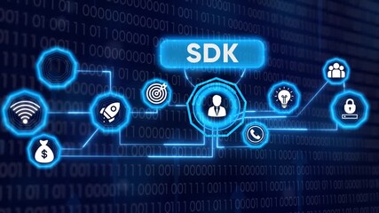 Futuristic SDK concept with connected digital network icons on blue background - Powered by Adobe