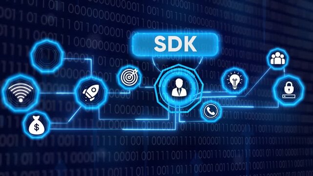 Futuristic SDK concept with connected digital network icons on blue background