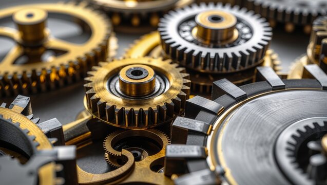 Close-up of intricate mechanical gears and cogs in a complex machine
