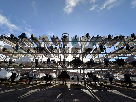 Marine boat storage facility in port of Portsmouth, UK.