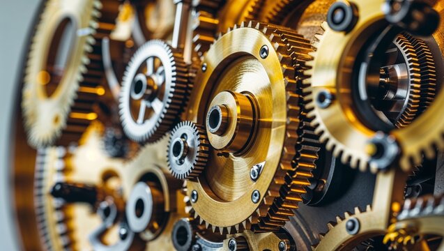 Close-up of golden gears meshing together, mechanical engineering concept