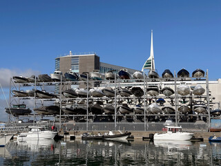 Marine boat storage facility in port of Portsmouth, UK.