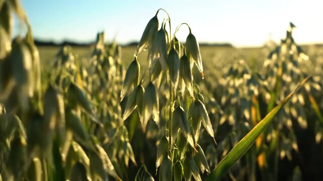 Golden Field of Ripe Oats Swaying Gently in the Warm Summer Breeze.