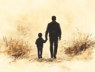 Father and son, simple sketch, distance, farewell