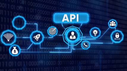 Api connection and digital data exchange concept on blue background - Powered by Adobe