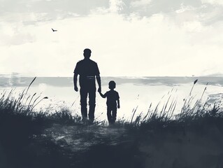 Father and son, simple sketch, distance, farewell