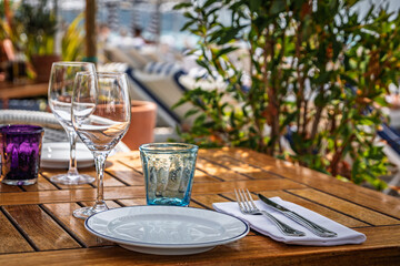 Al fresco tables waiting for customers at an outdoor restaurant in Nice, France