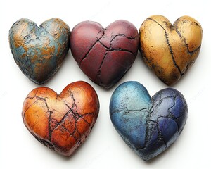 Four textured hearts, diverse colors