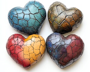 Four textured hearts, diverse colors