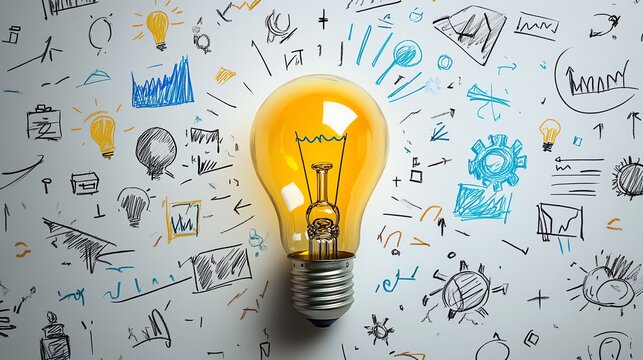doodlestyle lightbulb with internal sketches of business symbols, graphs, and gears, minimalist handdrawn concept for strategic creativity
