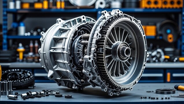 Automotive transmission assembly on a workbench in a professional workshop