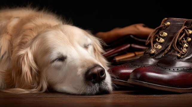 Loyal companion rests peacefully beside richly detailed leather footwear indoors