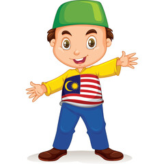 Cheerful Young Boy Wearing a Yellow Long Sleeve Shirt Featuring the Malaysian Flag Design and Blue Pants with a Green Cap and Brown Shoes Standing with Open Arms
