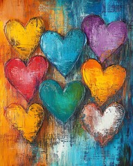 Seven colorful hearts, abstract art