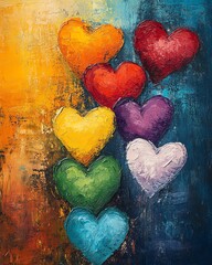 Seven colorful hearts, abstract art