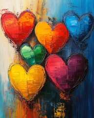 Seven colorful hearts, abstract art