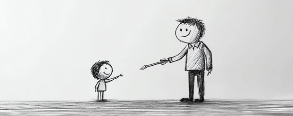 Stickfigure teachers in a mentoring pose helping a tiny stickfigure, clean pencil sketch lines, minimalist composition, subtle shading, educational leadership vibe