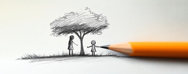 Stickfigure teachers in a mentoring pose helping a tiny stickfigure, clean pencil sketch lines, minimalist composition, subtle shading, educational leadership vibe