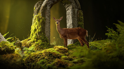 Doe standing under archway in magical forest fantasy