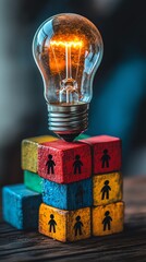 Teamwork and strategy concept   red illuminated lightbulb placed next to colorful stacked blocks with black person symbols on dark wooden surface