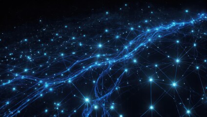 Abstract digital network of glowing blue dots and lines in space.