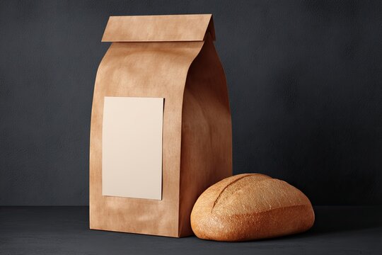 Brown paper bag & loaf of bread on a dark surface, simple, clean