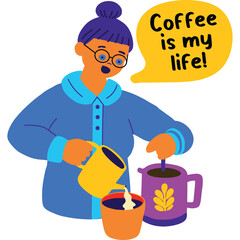 Cheerful Woman with Purple Hair and Glasses Pours Coffee From Yellow Kettle Into Mug With French Press Nearby Coffee Is My Life Text Bubble