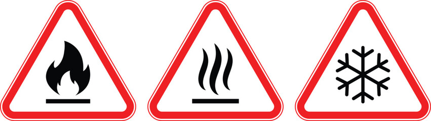 Set of hazard warning signs: fire hazard, hot surface sign, cold temperature safety symbol © The Plaid Palace