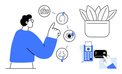 Man explores sensory icons representing touch, smell, sight, and taste next to plant, payment terminal, and hand holding card. Ideal for education, technology, interaction learning healthcare