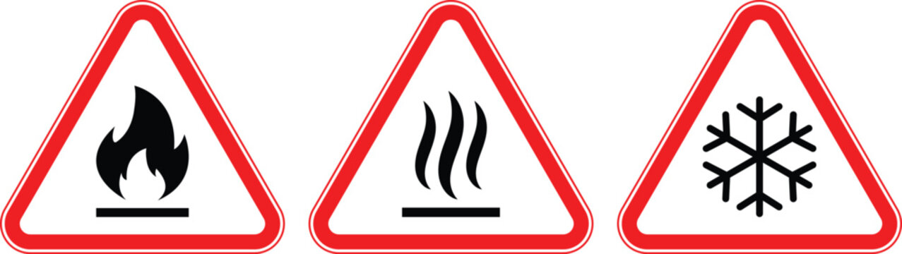 Set of hazard warning signs: fire hazard, hot surface sign, cold temperature safety symbol