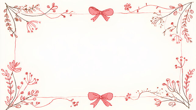 Vintage hand drawn frames with whimsical lines, bows, ribbons. Cute pink red minimalist line art borders. Vector template for poster, banner, wedding invitation, card. Stock Vector