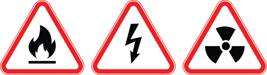 Set of hazard warning signs: flammable material sign, electrical hazard, radiation dangers symbol. Vector illustration