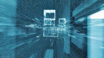 Abstract digital art showcasing a futuristic perspective with illuminated cubes and a sense of motion, representing advanced technology and innovation. - Powered by Adobe