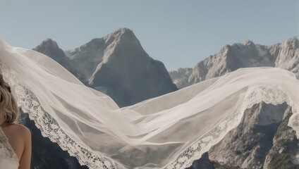 Brides veil dances in the wind against majestic mountain peaks.