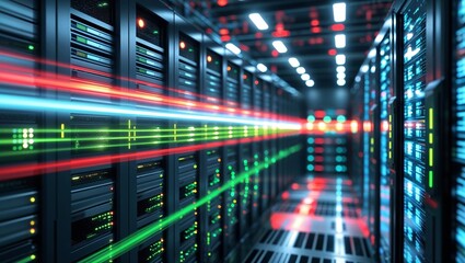 Data center servers with glowing network connections and data transfer