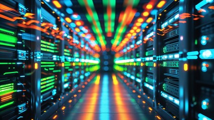 Illuminated server room with rows of data center equipment