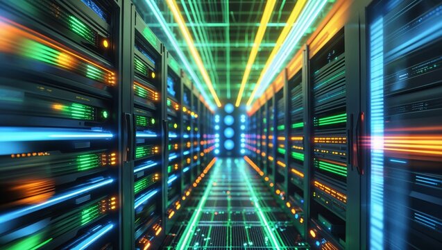 Modern data center with server racks and glowing network connections - Powered by Adobe