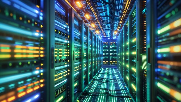 modern data center with server racks and network cables