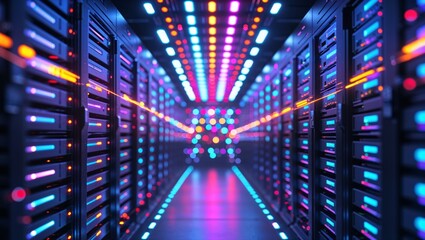 futuristic server room with glowing lights and data transfer visualization