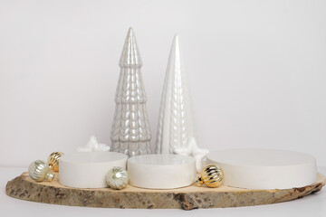 Podium for Presentation on Wooden Stand with Christmas Tree Decoration on White Wall Background. Modern Geometrical Form. Cylinder Sphere. Scene to Show Product. Showcase, Display Case. Trendy.