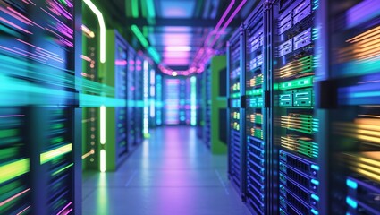 futuristic server room with neon lights and data center equipment