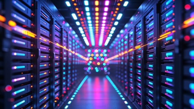 futuristic server room with glowing lights and data transfer visualization