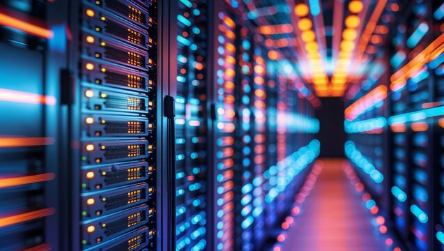 Data center server racks with glowing lights and blurred background