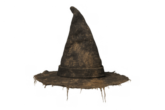 Old pointed wizard hat or witch hat for fantasy, magic, alchemy, and halloween costume concepts, transparent background