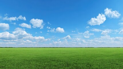 Fototapeta premium Expansive green meadow stretches toward a bright blue sky dotted with white cumulus clouds