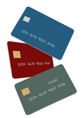 Three generic mock credit cards are seen in a 3-d illustration about banking and finance.