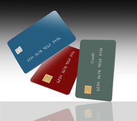 Three generic mock credit cards are seen in a 3-d illustration about banking and finance.