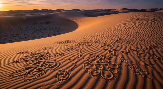 Golden hour bathes the desert dunes with warm light and intricate patterns