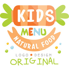 Childrens Healthy Food Menu Logo Design with Natural Ingredients and Candy Shape Element Bright Colors and Playful Typography for Kids Dining Experience